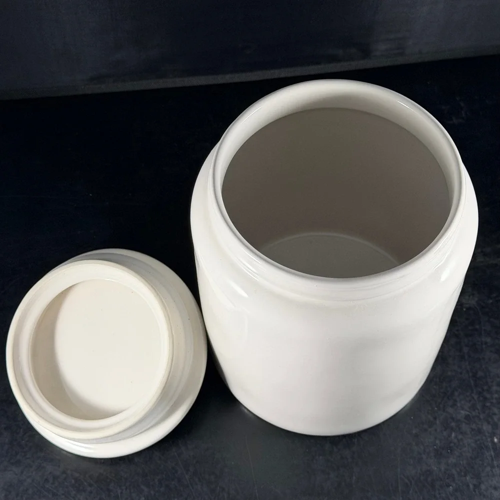 Rae Dunn Tricks For Treats Halloween Ceramic Canister White Orange Handle Jar